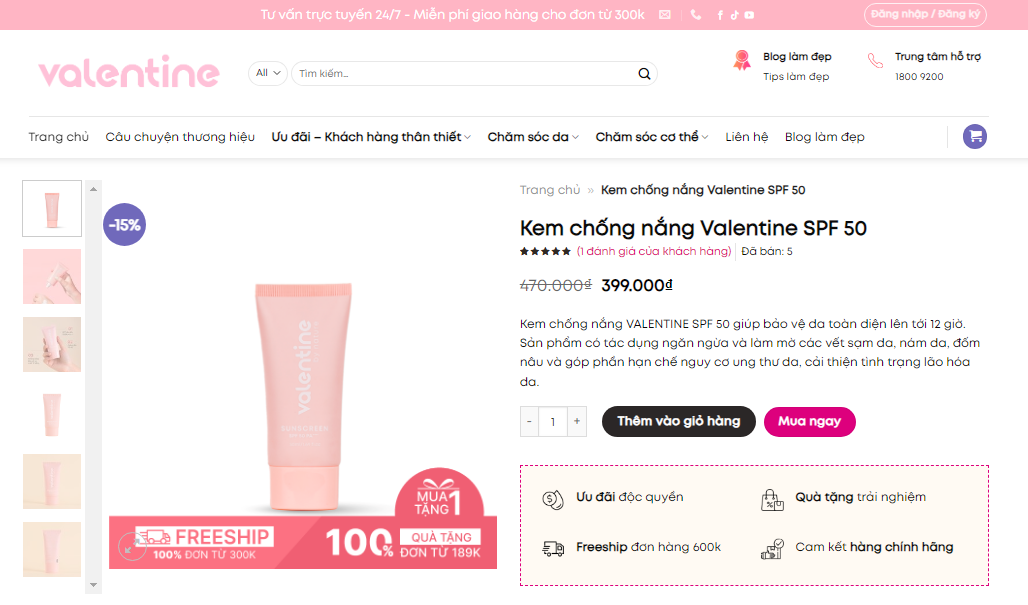 Mua kem chống nắng Valentine SPF 50 trên Website Valentine.com.vn